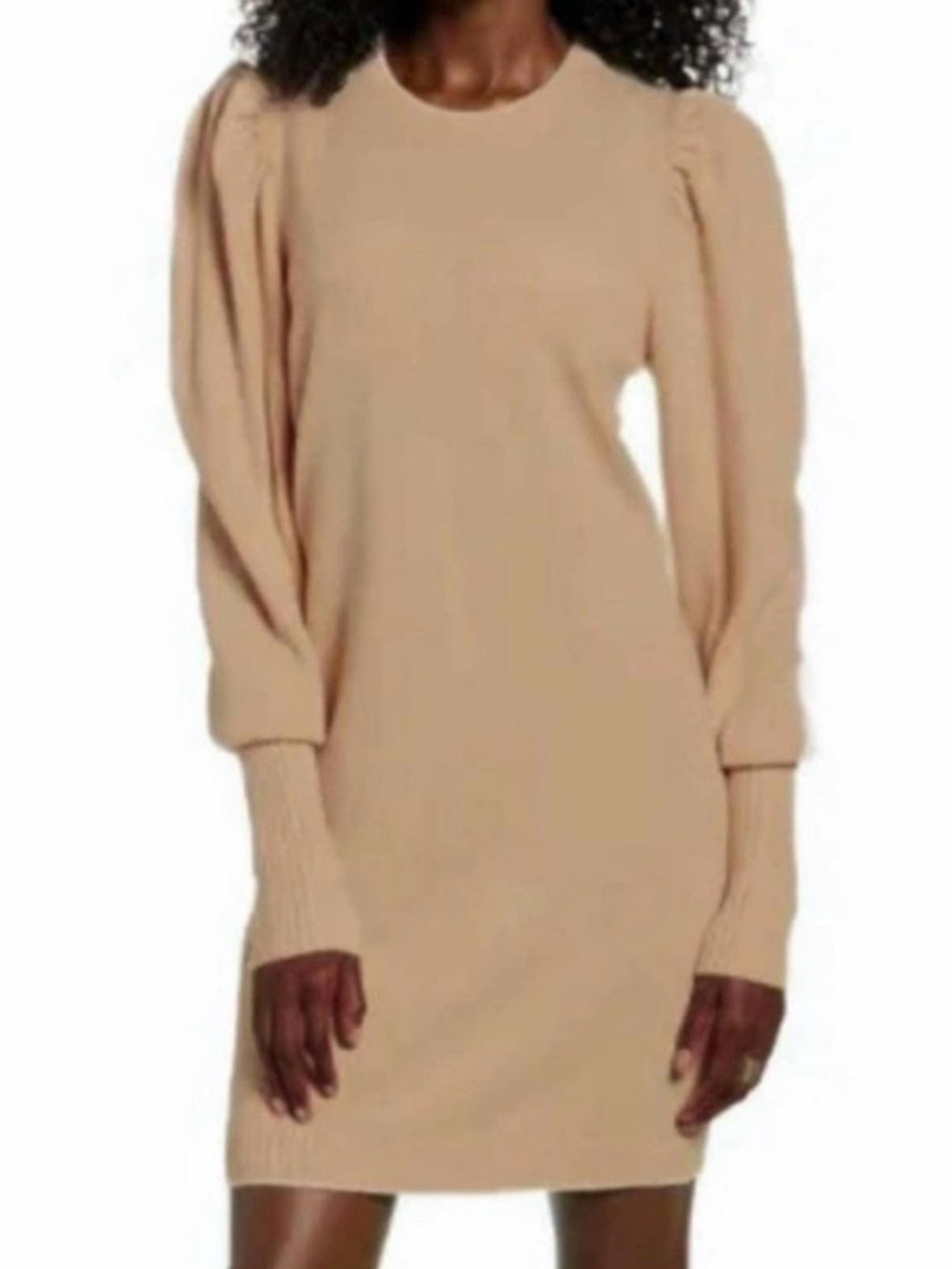 Wayf NWOT Lola Tan Puff Shoulder Rib Cuff Hem Knit Long Sleeve Dress Small